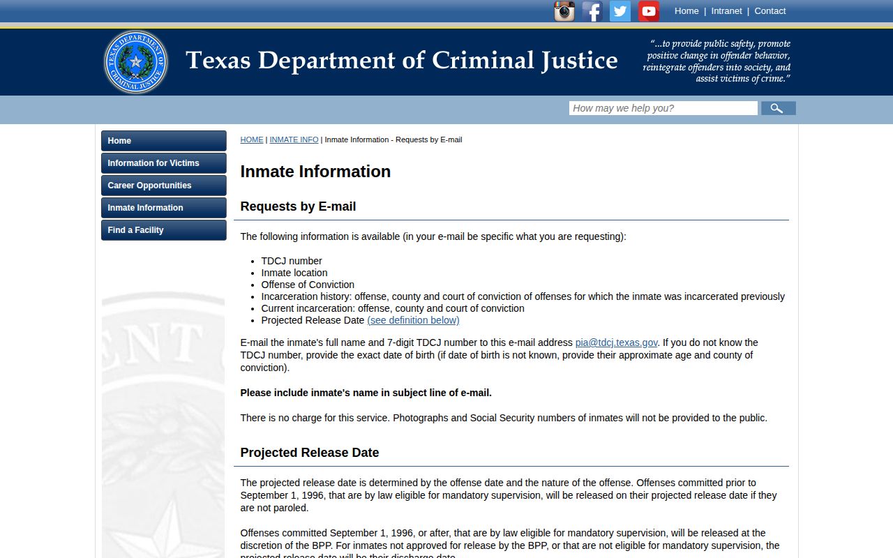 TDCJ information route for Schleicher County release verification