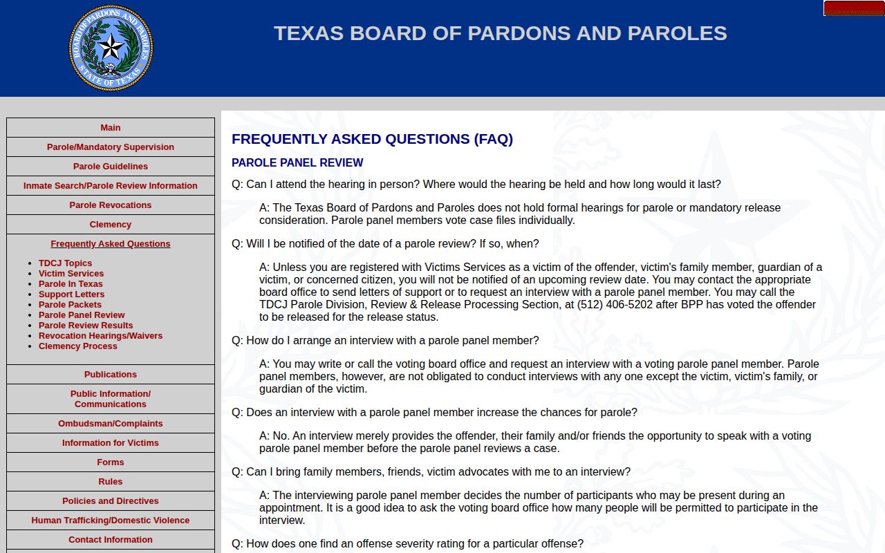 Texas Board of Pardons and Paroles panel review information