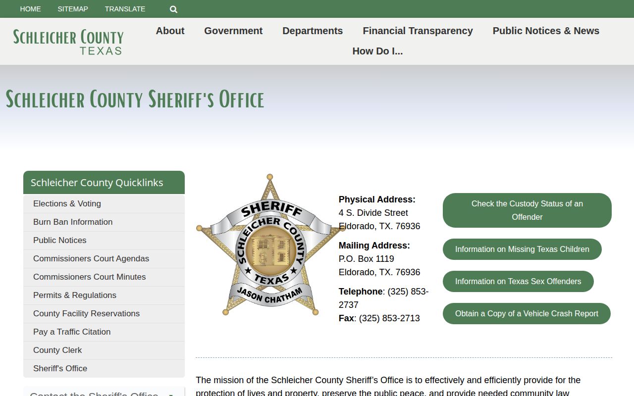 Schleicher County Jail released inmate Sheriff VINE route